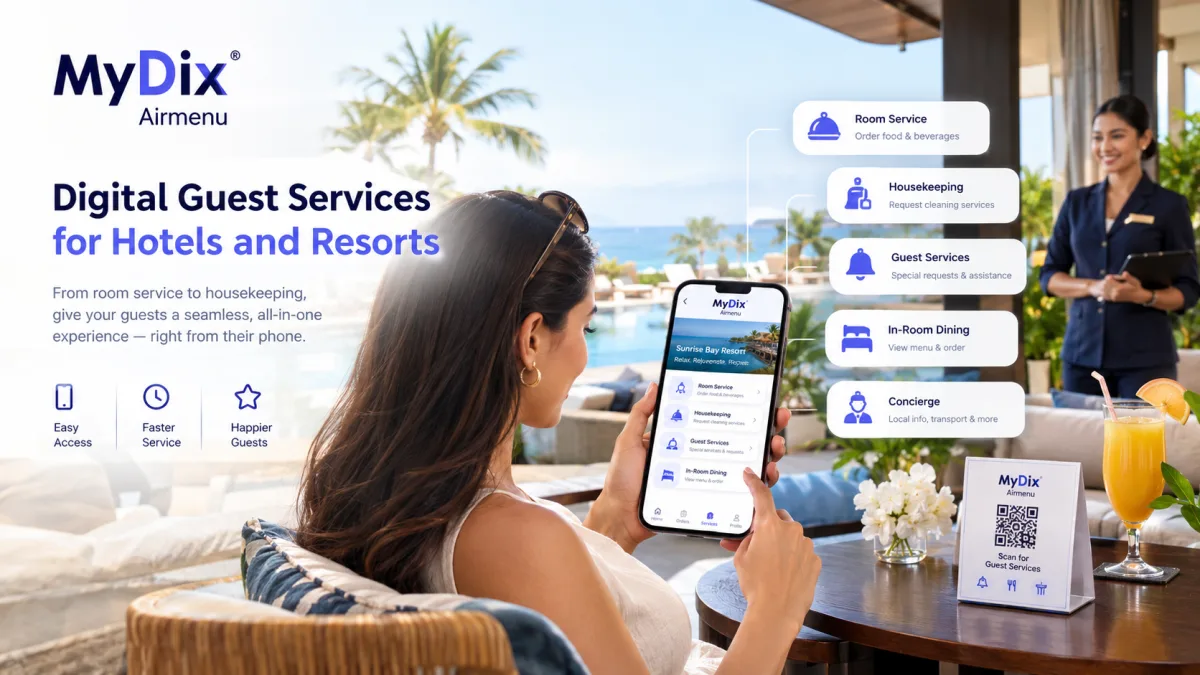 A resort guest using a phone to request a service from their room