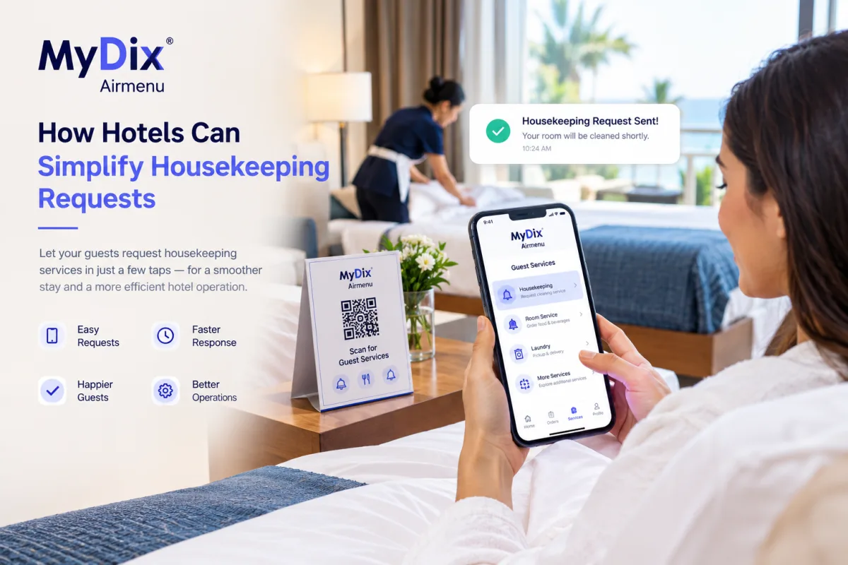 Housekeeping staff reviewing digital requests on a tablet in a hotel corridor