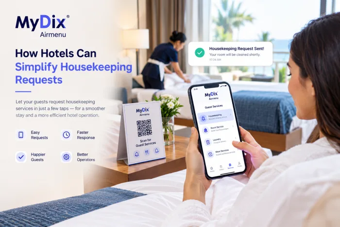 Housekeeping staff reviewing digital requests on a tablet in a hotel corridor