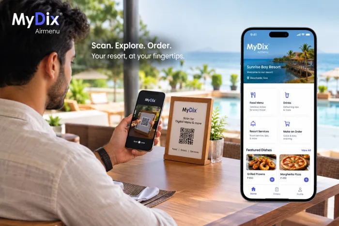 A guest scanning a MYDIX QR code at a hotel table to open the digital menu