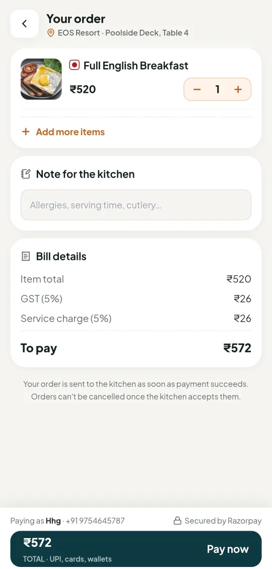 MYDIX order summary screen with item quantities, a kitchen note field and a bill breakdown