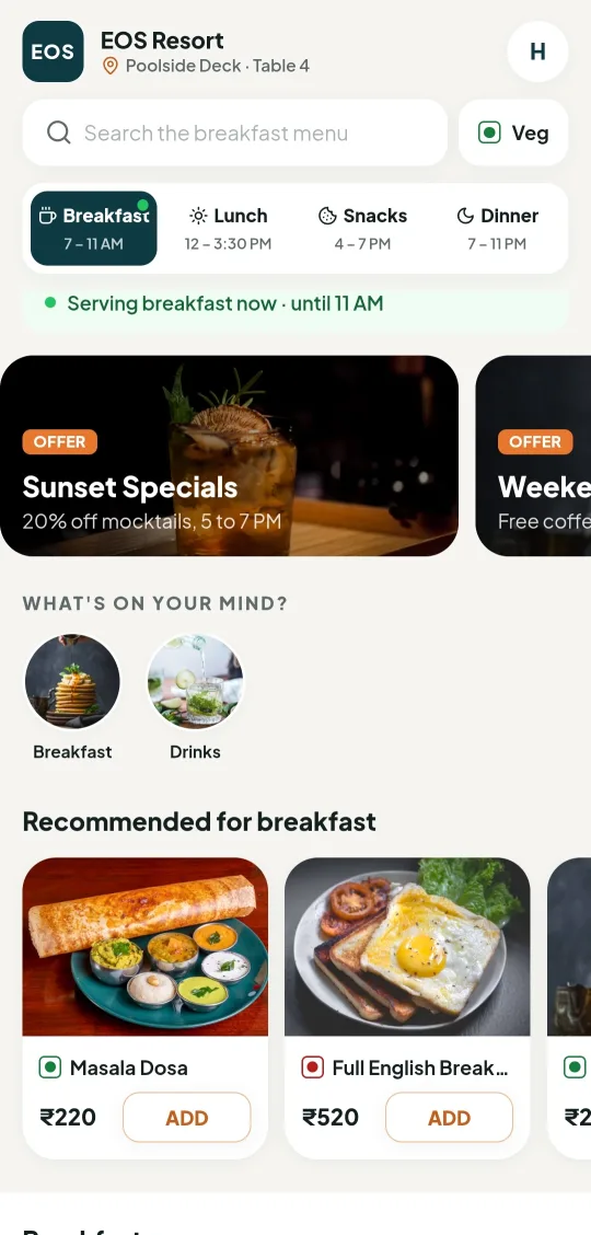 MYDIX digital menu showing breakfast, lunch, snacks and dinner dayparts with recommended dishes and prices