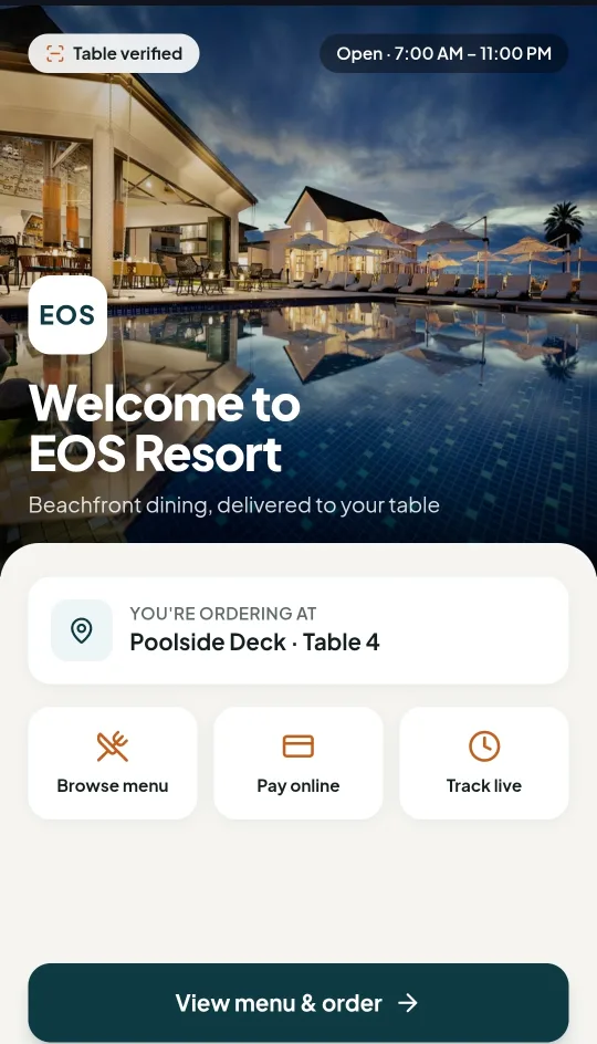 MYDIX welcome screen confirming the guest is ordering at Poolside Deck, Table 4, with browse, pay and track options
