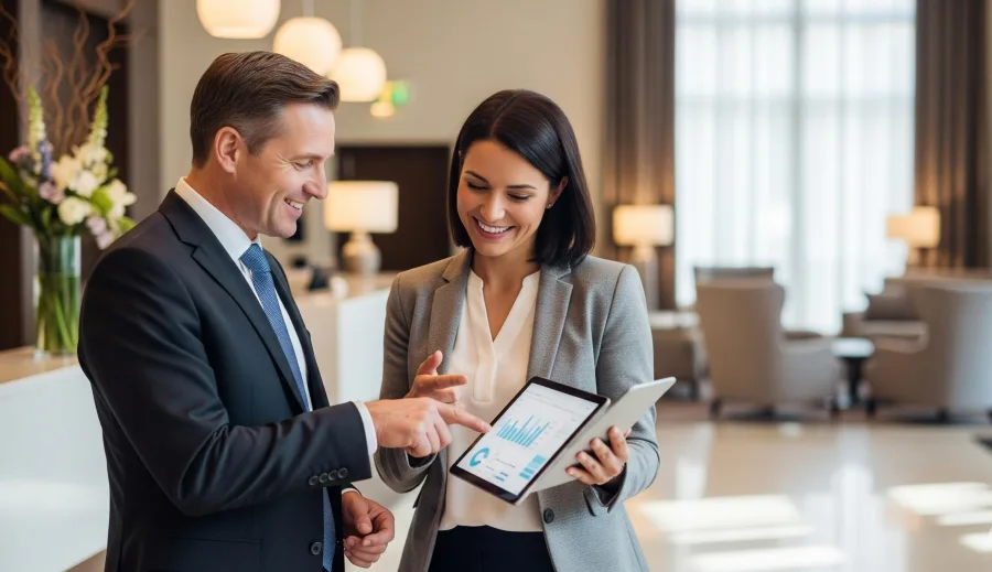 A hotel manager and a partner reviewing performance figures together on a tablet in a hotel lobby