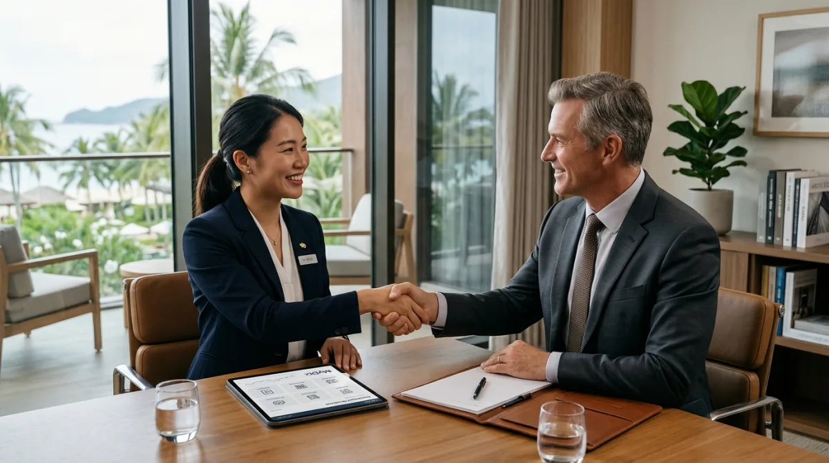 A MYDIX sales partner shaking hands with a hotel manager across a table, a tablet showing the platform between them