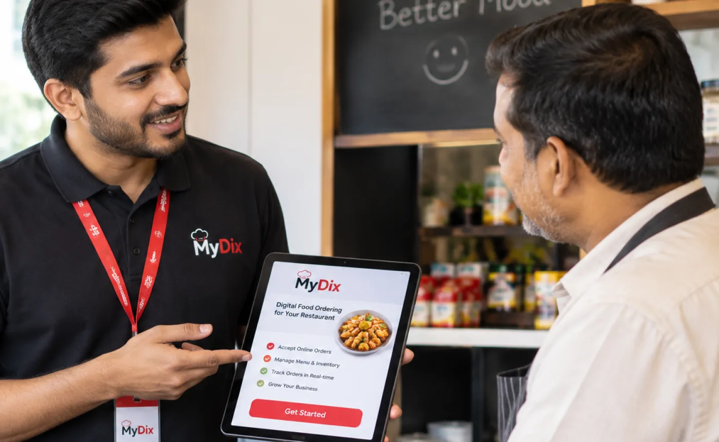 A MYDIX sales partner showing the ordering platform on a tablet to a restaurant owner behind their counter